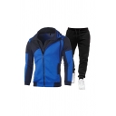 Sporty Contrast Color Long Sleeve Drawstring Zip-up Hoodie & Pants Two Piece Set for Men