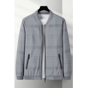 Retro Men Plaid Pattern Pocket Long Sleeves Stand Collar Regular Zip Closure Jacket