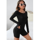 Enchanting Women Whole Colored Round Neck Slim Fitted Long Sleeve Backless Bodysuit
