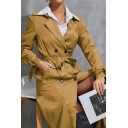 Dashing Ladies Whole Colored Lapel Collar Long Sleeves Fitted Double Breasted Trench Coat