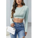 Elegant Girls Whole Colored Crew Neck Long Sleeve Slim Fit Criss Cross Crop Knitted Top