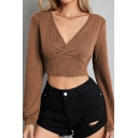 Simple Girls Whole Colored Long-sleeved V Neck Pleated Crop Knitted Top