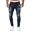 Mens Classic Solid Color Pocket Long Length Skinny Mid Rise Ripped Zip Fly Jeans