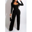 Sexy Solid Color Suit Ladies Long-sleeved Low-cut Top & Casual Tie Trousers