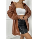 Ladies Edgy Pure Color Spread Collar Regular Fit Long Sleeve Button Closure Leather Jacket
