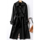 Girl's Hot Solid Belt Lapel Collar Long-Sleeved Loose Fit Double Breasted Trench Coat