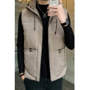 Urban Whole Colored Pocket Sleeveless Hooded Regular Fit Zip down Vest for Guys