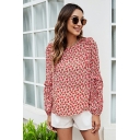 Urban Ladies Floral Printed Long-Sleeved Round Collar Fitted Ruffles Detailed Tee Shirt