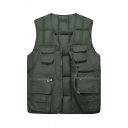 Boy's Modern Plain V-Neck Pocket Detailed Multi-pockets Relaxed Zip Fly Vest