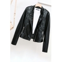 Cool Women Pure Color Pocket Stand Collar Long-Sleeved Fitted Zipper Leather Jacket