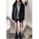 Fashion Ladies Solid Button Design Lapel Collar Long Sleeve Baggy Zip Up Leather Jacket