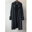 Fashion Plain Button-up Lapel Collar Long Sleeve Loose Knee Length Trench Coat for Girls