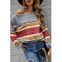 Women Trendy Striped Printed One Shoulder Long-sleeved Loose Fit Knitted Top