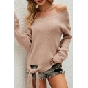 Street Look Plain Long Sleeves Round Collar Regular Lace-up Hollow Knitted Top for Girls