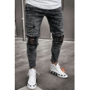 Guy's Casual Solid Color Broken Hole Mid Waist Long Length Slim Fitted Zip Fly Jeans