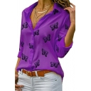 Girls Street Look Butterfly Print Long Sleeve Fitted Spread Collar Button Fly Shirt