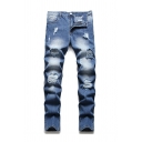 Men Boyish Solid Color Broken Hole Mid Rise Straight Pocket Zipper Jeans