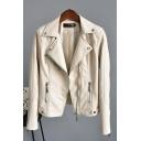 Simple Pure Color Lapel Collar Pocket Long Sleeve Regular Zip Fly Leather Jacket for Women