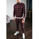 Athletic Plaid Pattern Long Sleeve Stand Collar Zipper Jacket with Pants Co-ords for Men