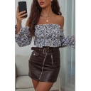 Fashionable Floral Long Sleeves off The Shoulder Ruffles Design Crop Shirt for Ladies