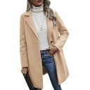 Women Freestyle Plain Pocket Loose Long-sleeved Lapel Collar Single Button Trench Coat