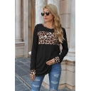 Girls Trendy Leopard Printed Regular Round Collar Long-sleeved Tee Shirt