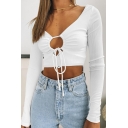 Casual Womens Whole Colored V-Neck Lace-up Long Sleeve Hollow Out Crop Knitted Top