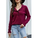 Cool Whole Colored Half Button Crew Neck Long Sleeve Ruffles Knitted Top for Girls