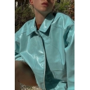 Fancy Ladies Plain Pocket Designed Spread Collar Long Sleeve Zip Closure Leather Coat