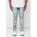 Casual Mens Splash Ink Print Distressed Designed Mid Rise Slimming Zip Fly Jeans