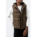 Stylish Solid Color Flap Pocket Hooded Regular Fitted Button-up Vest for Guys