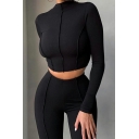 Couture Women Pure Color High Neck Long Sleeve Crop Knitted Top with Tanks Skinny Co-ords