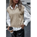 Novety Pure Color V Neck Sleeveless Regular Ribbed Hem Knitted Vest for Ladies