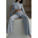 Stylish Women Solid Color Long Sleeve High Neck Crop Knitted Top with Bootcut Pants Set