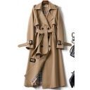 Ladies Modern Plain Plaid Lined Lapel Collar Long Sleeves Belt Double Breasted Trench Coat