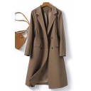 Vintage Girl's Pure Color Lapel Collar Flap Pocket Long Sleeve Double Breasted Trench Coat