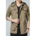 Men Popular Whole Colored Pocket Long Sleeve Hooded Drawcord Fitted Button Down Jacket