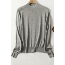 Freestyle Pure Color High Collar Relaxed Long Sleeves Ribbed Hem Knitted Top for Women