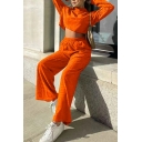 Vintage Girls Solid Color Long Sleeve Regular Crop Hoodie with Straight Pants Set