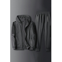 Creative Men Stripe Print Pocket Long-Sleeved Hooded Zipper Hoodie with Pants Fitted Set
