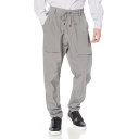 Casual Whole Colored Pocket Mid Rise Loose Drawstring Elastic Waist Pants for Men