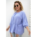 Fashion Ladies Pure Color 3/4 Length Sleeves Round Collar Pleated Detail Tee Shirt