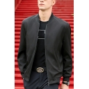 Elegant Solid Pocket Designed Stand Collar Regular Zip Placket Baseball Jacket for Men