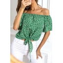 Edgy Women Floral Bow Detail off The Shoulder Short-sleeved Regular Crop Shirt