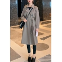 Women Freestyle Plain Belt Loose Long-sleeved Lapel Collar Double Breasted Trench Coat