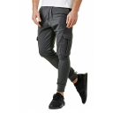 Street Style Men Plain Drawstring Flap Pocket Mid Rise Full Length Cargo Pants