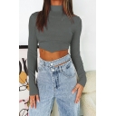 Popular Pure Color Backless Long Sleeves High Neck Drawstring Crop Knitted Top