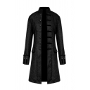 Mens Cool Pure Color Long-Sleeved Stand Collar Regular Fit Knee Length Button Up Coat