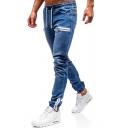 Guy's Edgy Solid Color Full Length Mid Rise Drawstring Waist Zip Pocket Jeans