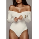 Unique Ladies Solid Color Slimming Long Sleeves V Neck Knitted Bodysuit